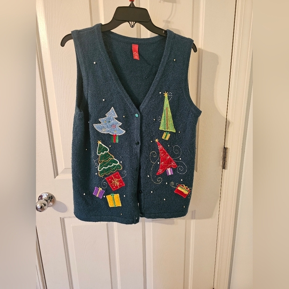 Ugly Christmas Sweater Women's Festive Vest - green with Multicolor Accents - Picture 1 of 3